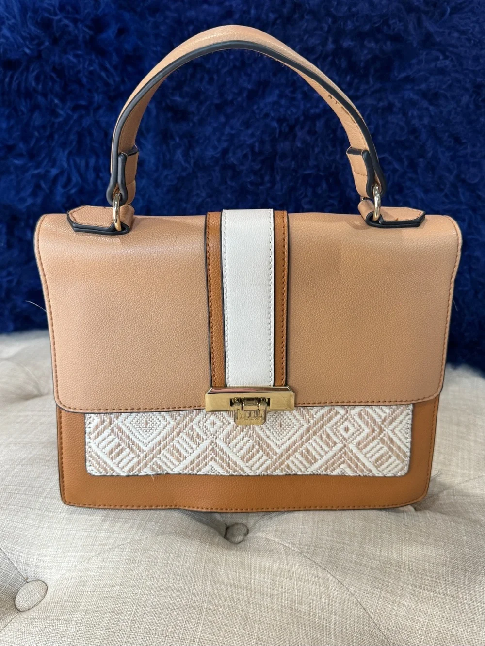 Aldo Tan and White Top-Handle Satchel